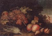 unknow artist Still lifes of Grapes,figs,apples,pears,pomegranates,black currants and fennel,within a landscape setting Sweden oil painting reproduction
